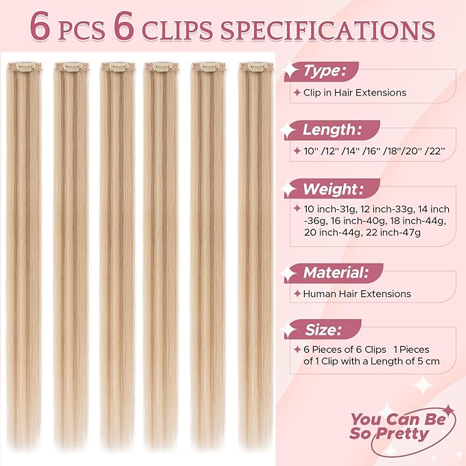 Clip in Hair Extensions Real Human Hair for Women, 22 Inch 47g 6pcs, Golden Brown Mix Bleach Blonde, Straight - Highlight, Add Volume and Length for Daily Wear, Parties, Weddings