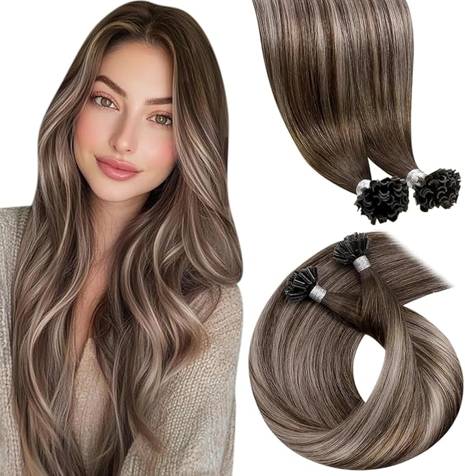 LaaVoo U Tip Hair Extensions Human Hair Dark Brown Mix Ash Brown K Tip Hair Extensions Hot Fusion Balayage 50g/s 24 Inch