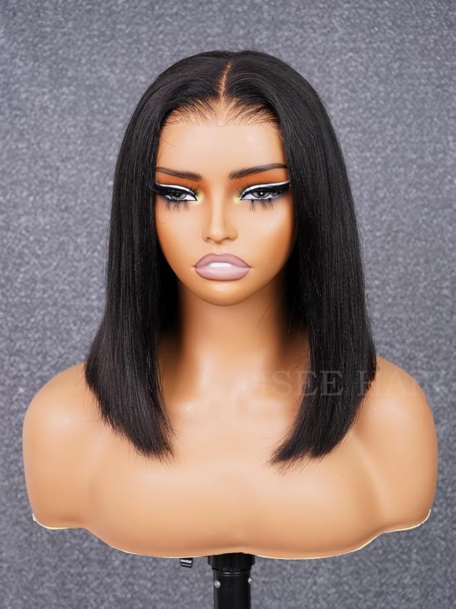 ISEE Hair M Cap 9x6 Bob Wig Human Hair Glueless Wigs Pre Plucked Pre Cut HD Lace Front Glueless Wigs Human Hair 180% Density Short Straight Bob Wigs for Black Women (Yaki Straight, 12 Inch)