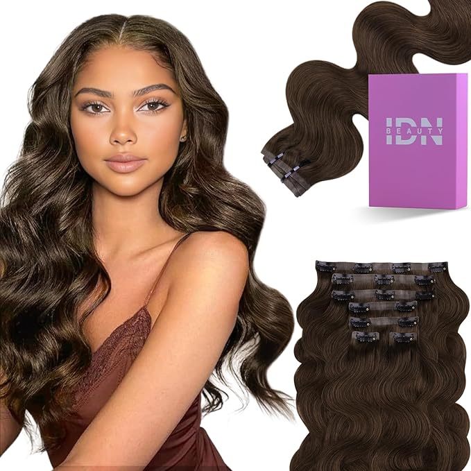 IDN BEAUTY Seamless Clip In Hair Extensions Real Human Hair Chocolate Brown Body Wave Seamless Clip Ins For Black Women PU Weft Invisible Edge Thick Ends 100g 14 Inch 7pcs Colored Extensions