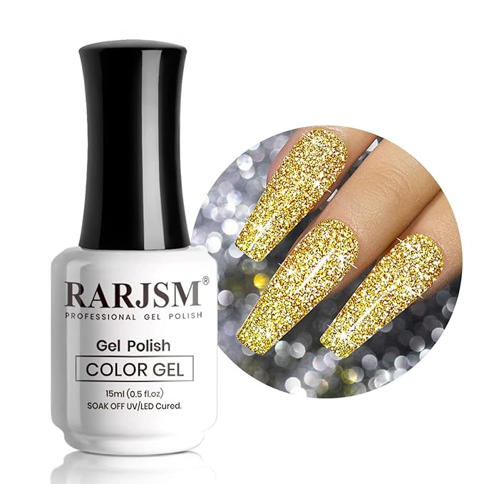 RARJSM Gold Glitter Gel Nail Polish,Reflective Gel Nail Polish,Flash Diamond Nail Gelpolish Soak off Disco Shimmer Gelpolish UV LED Curing Requires 15ml for Home Salon Diy Nail Manicure Decoration
