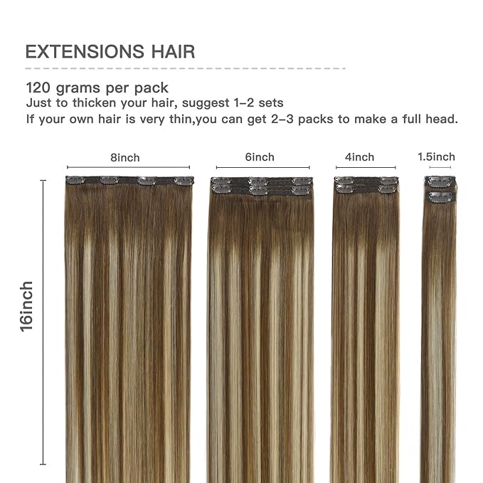 Clip in Hair Extensions Chestnut Brown Balayage to Platinum Blonde Mix Brown Real Human Hair Medium Brown Ombre Hair Extensions Remy Human Hair Clip in Extensions 16Inch 7Pcs120g