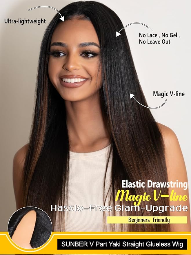 Sunber Ombre Chestnut Yaki Straight V Part Human Hair Glueless Wig Upgrade U Part Wig No Leave Out Vpart light yaki straight Machine Made Clip In Half Wigs No Leave Out Real Scalp V Shape 16Inch