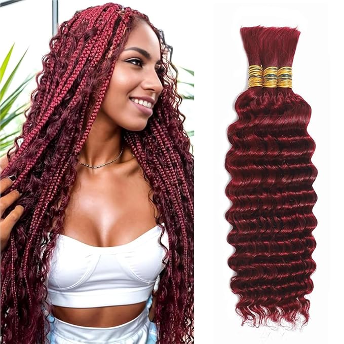 99J Human Braiding Hair for Boho Braids 12 Inch Burgundy Deep Wave Bulk Human Hair Red Wet and Wavy Braids Extensions