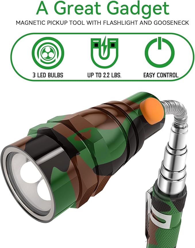 LED Magnetic Pickup Tools, Telescoping Magnetic Flashlights with Extendable Magnet Stick, Christmas Stocking Stuffers for Men Adults, Birthday Gifts for Men, Dad, Camouflage