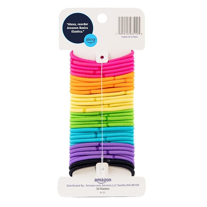 Amazon Basics Pony Tail Hair Ties - Bright 4 MM Elastics for All Types, 32 Count (Pack of 4)