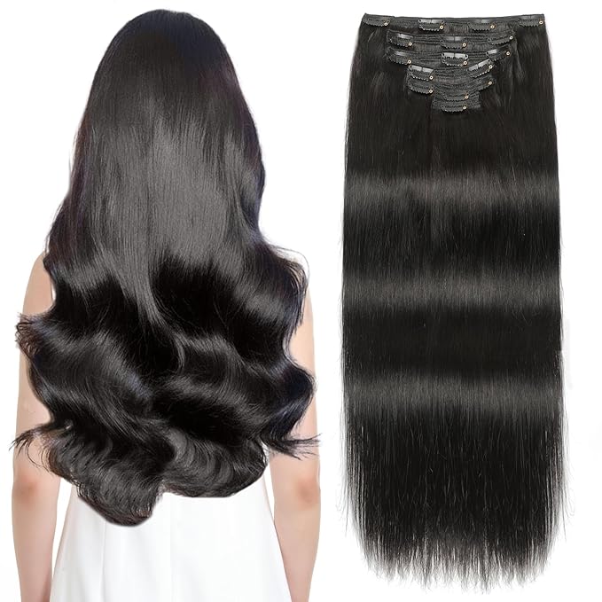 Sisily Clip in Hair Extensions Real Human Hair,18 inch 150g, Natural Straight Human Hair Clip in Extensions for Black Woman, Soft Straight 7pcs Per Set with 16 Clips Double Weft