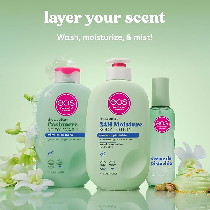 eos Cashmere Body Wash – Crème de Pistachio, Moisturizing Body Wash, Creamy Gel Formula, with Shea Butter, Glycerin, Vitamin E, pH Balanced, Sensitive Skin, Vegan, 16 fl oz