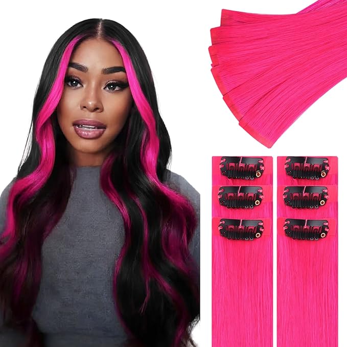IDN BEAUTY Seamless Clip In Hair Extensions Human Hair, 16 Inch 30g 6Pcs Hot Pink Straight Real Virgin Human Hair Seamless Clip Ins For Black Women PU Weft Invisible Edge