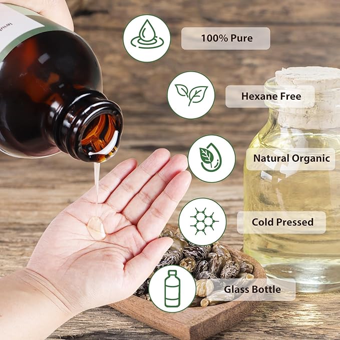 Organic Castor Oil for Hair Body Lashes Brow,USDA Certified 100% Pure Natural Glass Bottle, Cold Pressed, Hexane Free. Castor Oil for Hair Growth, Thicker Fuller Brows, 8.45oz