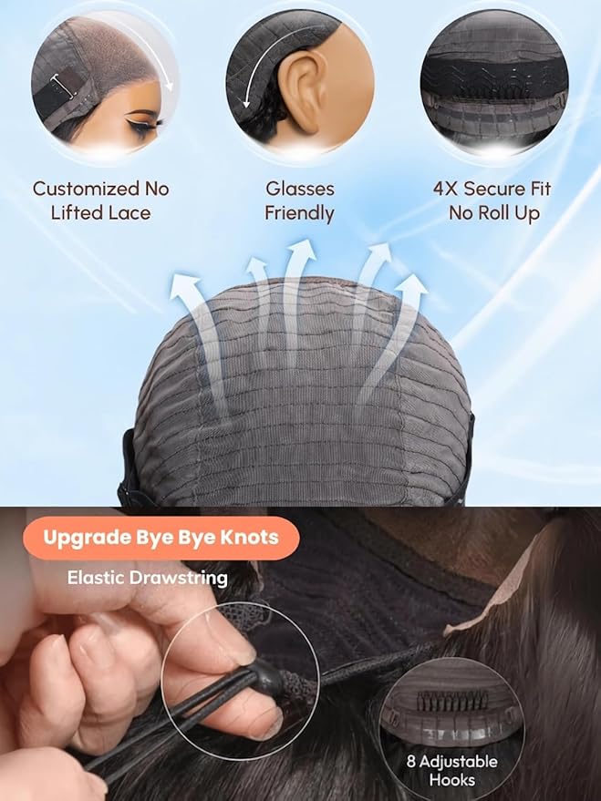 Julia Hair Water Wave 7x5 Bye Bye Knots Glueless Wig with Baby Hair HD Lace Pre Everything with Drawstring Wigs Human Hair Pre Plucked Pre Cut Bleached Knots Put on and Go Natural Hairline 22 Inch