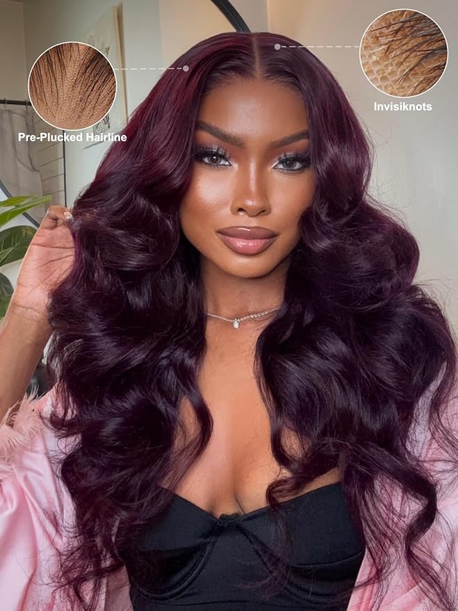 Sunber Black Cherry Layered Straight 13x4 Pre Cut Lace Front Wigs Human Hair Pre Everything Glueless Ready to Go Wig 180% Density Pre Plucked Pre Bleached Invisible Knots Burgundy Plum Straight 20Inch