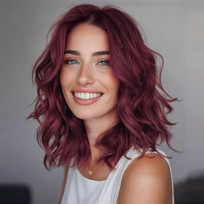 Wine Red Short Wavy Wig for Women Lace Hairline Bob Style Synthetic Heat Resistant - Natural Appearance for Everyday Hairstyle 14 Inch