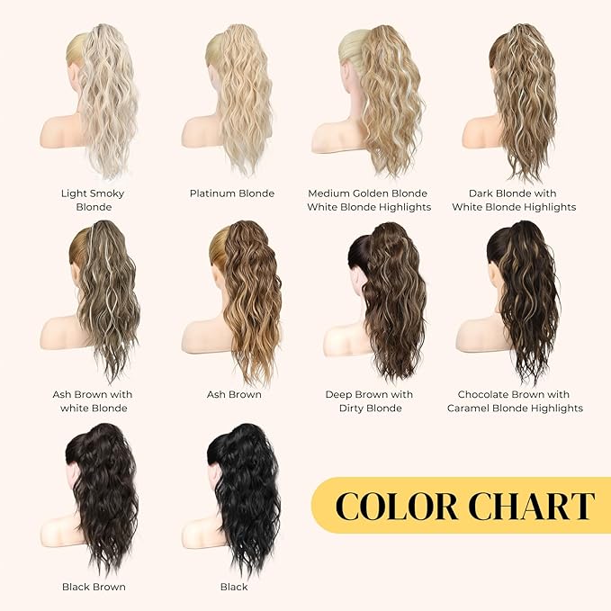 LONAI Ponytail Extension, 18" Wavy Claw Clip Ponytail Extensions ZJ001 Curly Wavy Claw Clip in Ponytail Hair Extensions Synthetic Fake Pony tails Hairpieces-Dark Ash Blonde with Hightlights