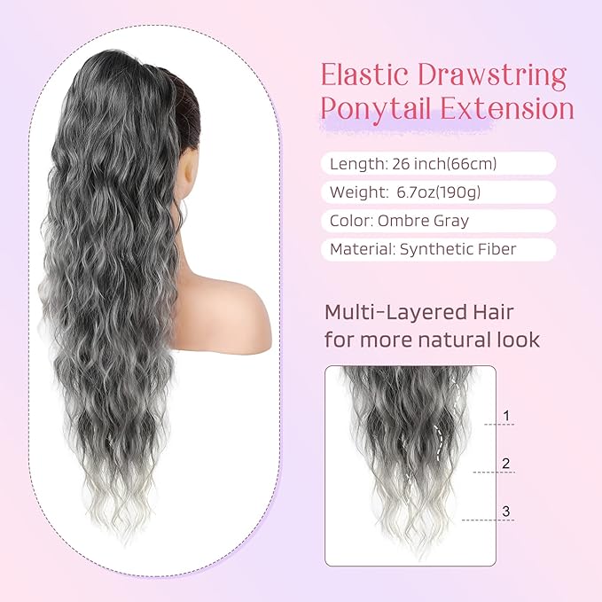 HOOJIH Ponytail Extension, Drawstring Ponytail Hair Extensions 26 Inch Long Curly Wavy Ponytail Natural Wavy Synthetic Hairpiece for Women Daily Use - Ombre Gray