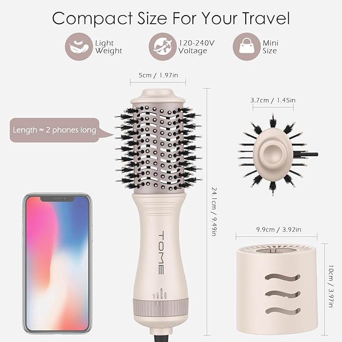 Travel Hair Dryer Brush, Dual Voltage Blow Dryer Brush, Mini Hot Air Portable 2 inch Travel Hair Dryer Styler Volumizer Oval Shape (Tome Color)