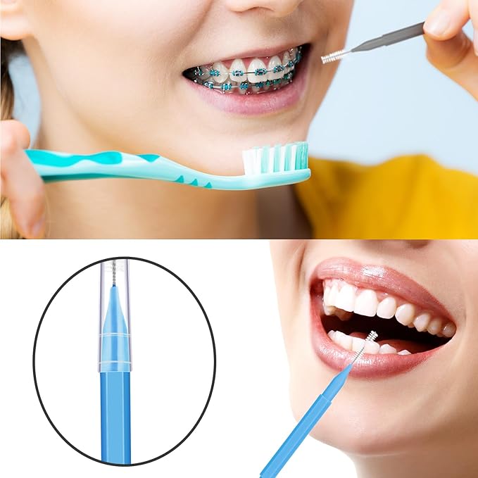Patelai 100 Pieces Braces Brush for Cleaner Interdental Brush Toothpick Dental Tooth Flossing Head Oral Dental Hygiene Flosser Toothpick Cleaners Tooth Tool(Blue, Grey, Green,Various Sizes)