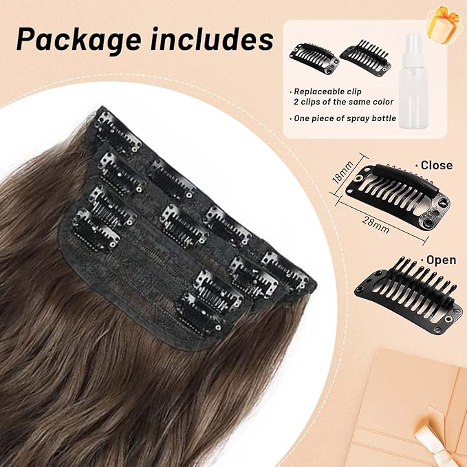 Long Wavy Clip in Synthetic Hair Extension Chestnut Brown 4pc Thick Hairpieces Double Weft Natural Hair Extensions 20inch for women(20INCH, 8/10)