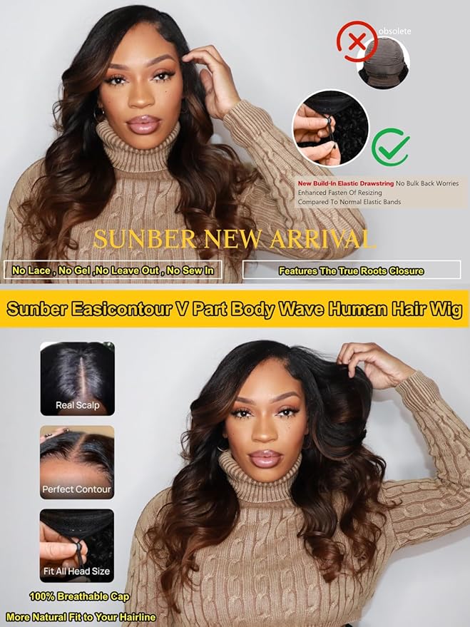 Sunber EasiContour V Part Human Hair Glueless Ombre Chestnut Brown Body Wave Wig Upgrade Vpart Wigs 180% Density No Leave Out No Gel V Shape Clip No Sew in Beginner Friendly Put On and Go 14Inch