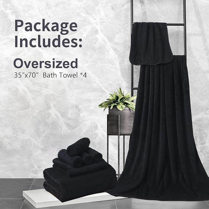 Jusney 4 Pcs Oversized Bath Towels Extra Large 35x70 Inches Black Bath Sheets Towels for Adults Microfiber Bathroom Towel Quick Dry Ultra Soft Absorbent Shower Towels Set Collection