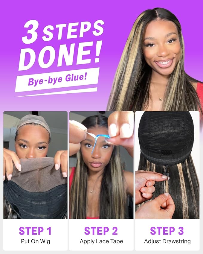 Glueless 13x6 Ombre Lace Front Wigs Human Hair Pre Plucked Pre Cut 220% Density Ear-to-Ear HD Lace Wig Highlight Drawstring Wig Human Hair fb27# 20 Inch