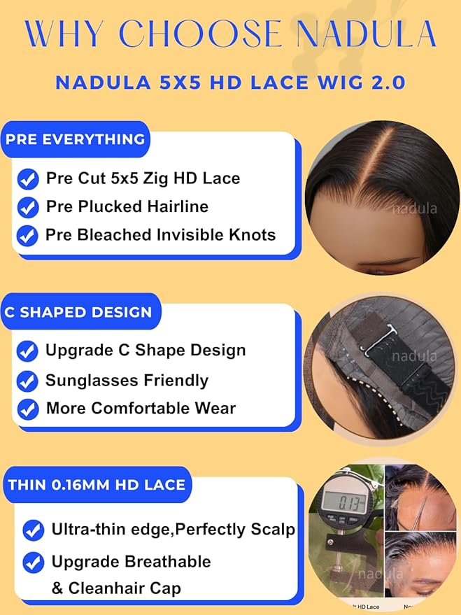 Nadula Yaki Straight Glueless 5x5 Thin HD BlendAway Lace Closure Bye Bye Knots Wigs Human Hair Pre Cut/Plucked/Bleached Match All Skin Tones Pre Everything Glueless Wigs 180% Density 22inch