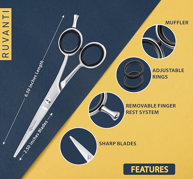 Ruvanti Hair Scissors - Professional Hair Cutting Scissors for Salon & Home Use, Sharp Edge Stainless Steel Barber Scissors, 6.5” Overall lenght with Comfortable & Smooth Grip