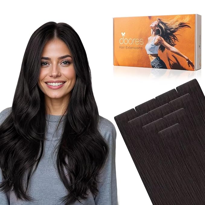 DOORES Invisi Edge Human Hair Extensions Tape in, Natural Black 10pcs Injection Tapeins, 25g 18 Inch, Natural Injected Tape in Extensions Virgin Hair Thick Ends