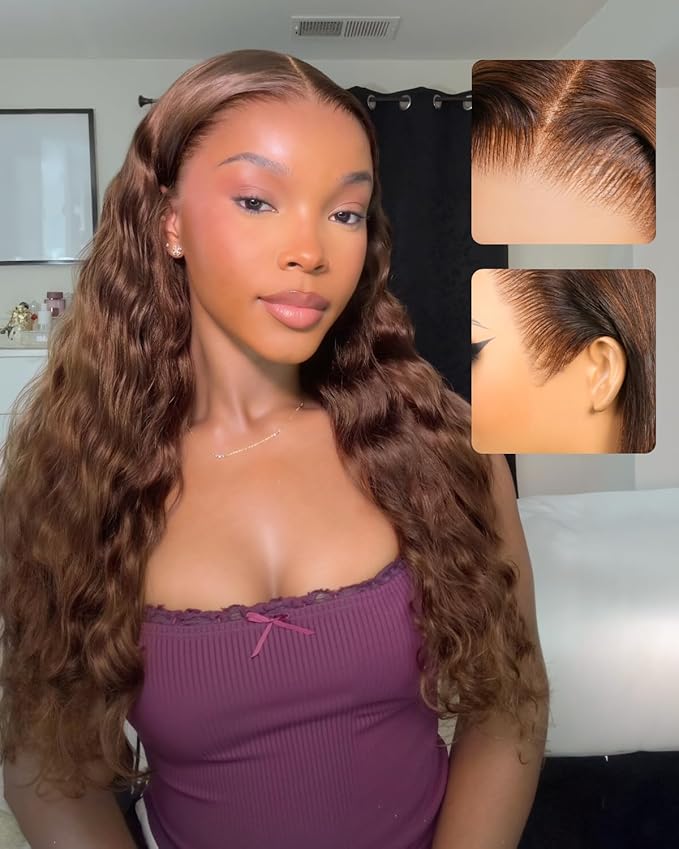 30 Inch Glueless Chotolate Brown Lace Front Wig Pre Cut 13x6 HD Frontal Loose Wave Wig 220% Density Glueless Wigs Human Hair Pre Plucked Pre Bleached Drawstring Wig Human Hair 4#