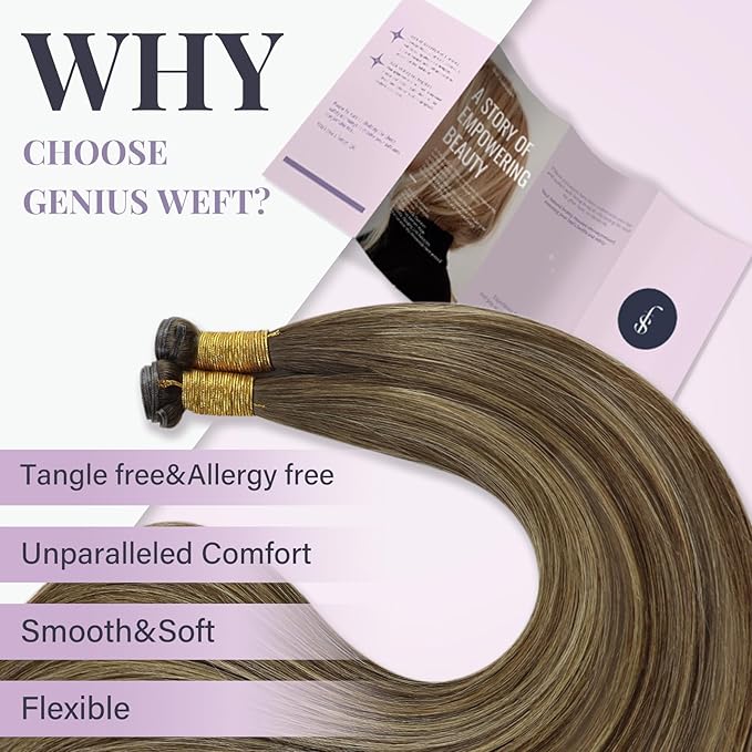 Fshine Balayage Genius Weft Hair Extensions Human Hair 18 Inch Medium Brown Fading to Caramel Blonde Sew in Hair Extensions Straight Real Human Hair Genius Weft Hair Bundles Full Head 50 Grams