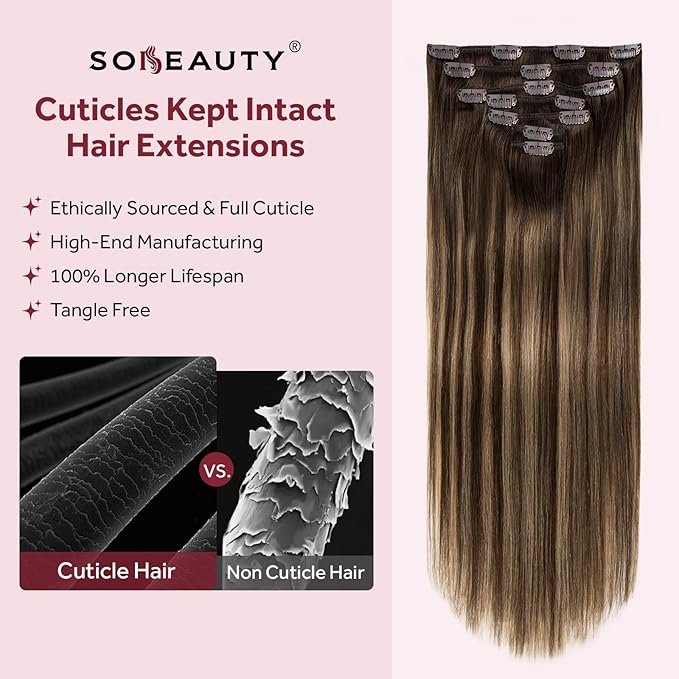 Clip in Hair Extensions Real Human Hair, Invisible Clip In Hair Extensions 100% Human Hair, Balayage Chocolate Brown to Caramel Blonde #4TP27/4 18Inch 120G 7PCS