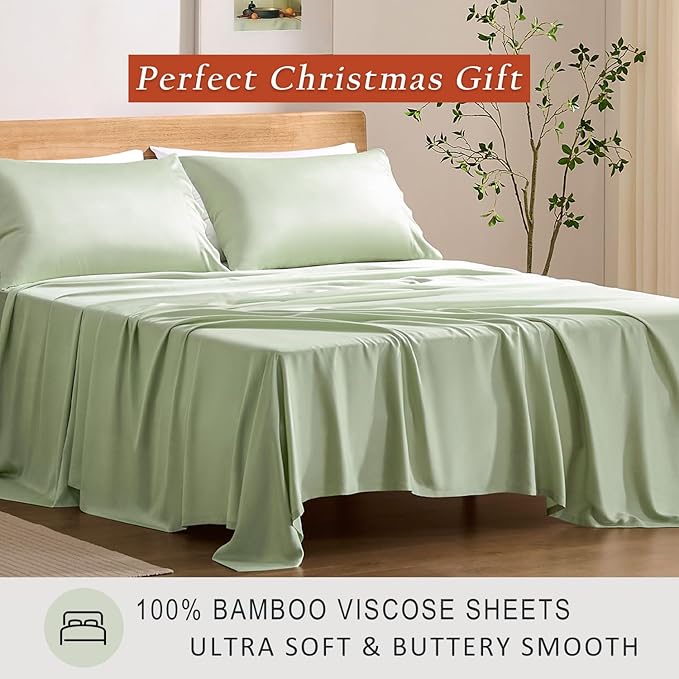 TOSMO Luxury Cooling Sheet Set - 100% Viscose from Bamboo, 4-Piece Bedding Set (Queen Size) - 18” Extra Deep Pockets, Oeko-Tex Certified, Silky Soft and Breathable, Light Green