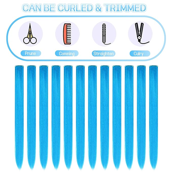 12 PCS Blue Hair Extensions Clip in, 22" Colored Highlights, Synthetic Straight Hair Piece DIY Accessories for Daily Party (LightBlue)