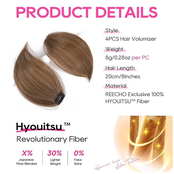 REECHO Clip in Hair Volumizer, Short Thick Clip in Hairpieces Adding Extra Hair Volume Extensions for Women with Thin Fine (Light Brown with Blonde Highlights, 8 Inch(Pack of 4))