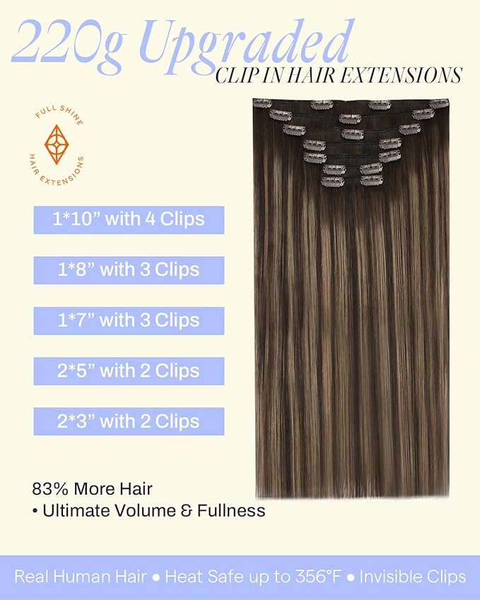 Full Shine Real Hair Extensions Clip in Human Hair 220 G Balayage Dark Brown Extensions Clip in Dark Brown to Ash Brown Real Hair Extensions for Volume for Full Head 24 Inch 7 Pcs
