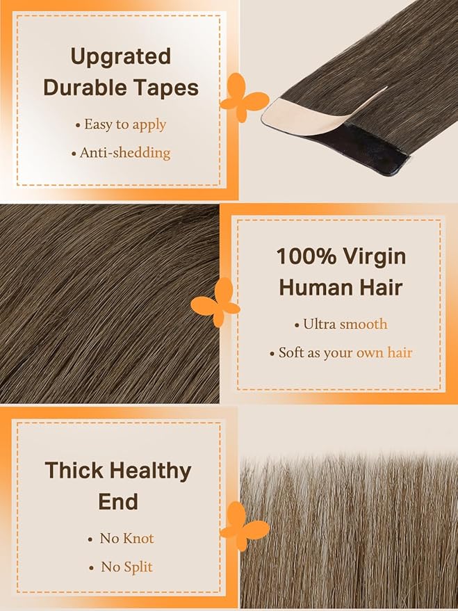 DOORES Human Hair Extensions, Light Ash Brown 20 Inch 30g 10pcs, Tape in Hair Extensions Skin Weft Seamless Tape in Hair Extensions Remy Straight Hair for Women