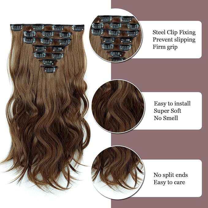 Clip in Hair Extensions - 16 Inch 7 Pcs Chocolate Brown Hair Extension Synthetic Fiber for Women Natural Wavy Extensions Synthetic Full Head