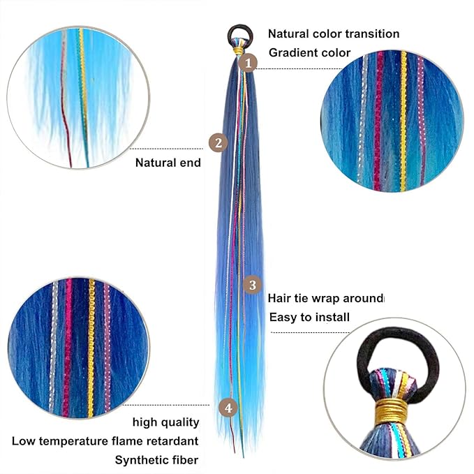 2 Pack Braid Ponytail Extensions, 26 Inch Braided Ponytail Wig with Elastic Tie for Girls (Black/Blue/Light Blue#, 26 Inch (Pack of 2))