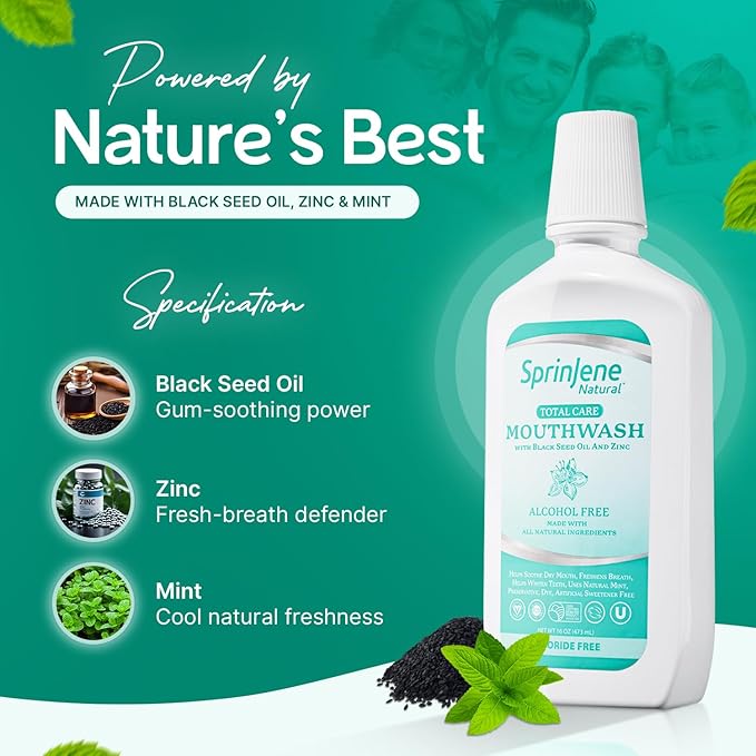 SprinJene Alcohol Free Mouthwash with Xylitol – Fluoride Free Natural Mouthwash for Dry Mouth, Whitening & Fresh Breath – Patented Black Seed Oil & Zinc Formula – Vegan & Made in The USA (1 Pack)