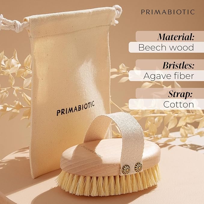 Primabiotic Body Massage Brush with Pouch – Eco-Friendly Product from Europe – Beech Wood & Agave Fibers – Oval Handle with Cotton Strap – Ideal for Dry Massage and Cellulite Reduction