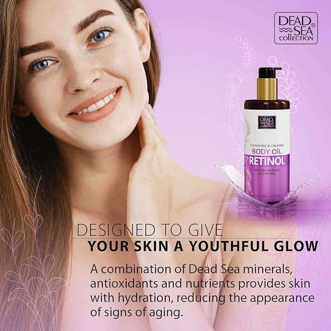 Dead Sea Collection Retinol Body Oil for Dry Skin – Moisturizing & Hydrating Skin Oil with Vitamin E & Blend of Almond, Grape, Olive, Wheat Germ Oil – Nourishing Skincare – 6.76 oz