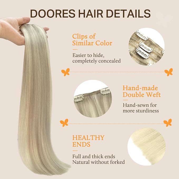 DOORES Clip in Human Hair Extensions, Balayage Ash Blonde Highlighted Platinum Blonde 100g 7pcs 14 Inch, Remy Hair Extensions Clip in Real Straight Natural Thick Weft
