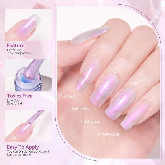 Born Pretty Jelly Gel Nail Polish Jelly Glitter Pearl Purple Gel Polish Shimmer Pearl Mermaid Natural Translucent Hema-Free Soak Off Gel Polish Nail Art DIY 15ML
