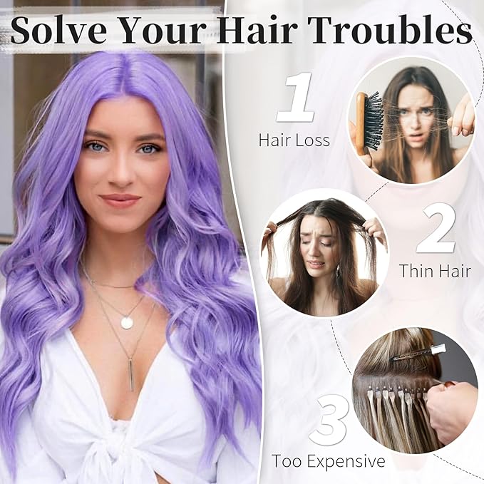 KooKaStyle Invisible Wire Hair Extensions with Transparent Headband Adjustable Size 4 Secure Clips Long Wavy Secret Wire Hairpiece 20 Inch for Women(Lavender)