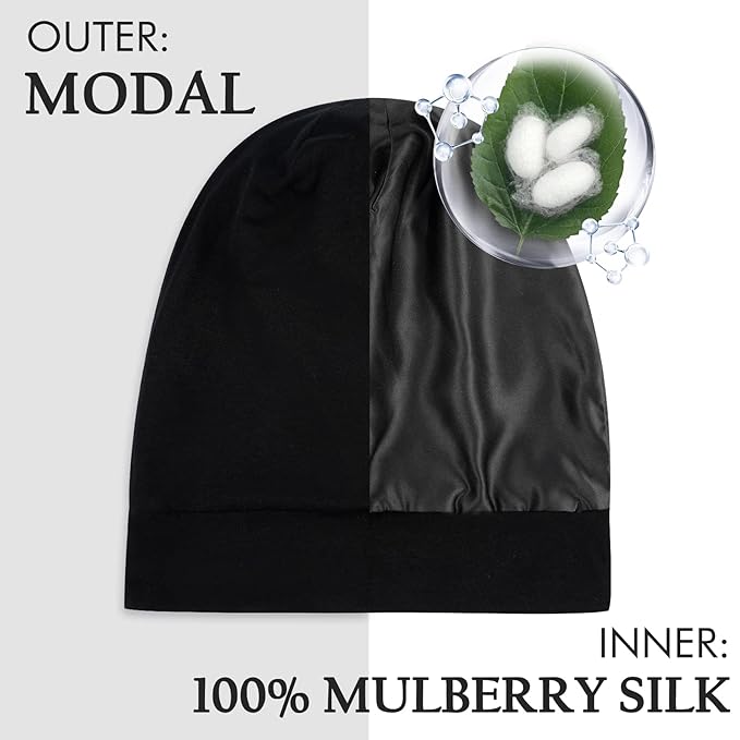OLESILK Silk-Bonnet for Curly Hair, Silk Hair Bonnet for Sleeping, Unisex, Medium, Black