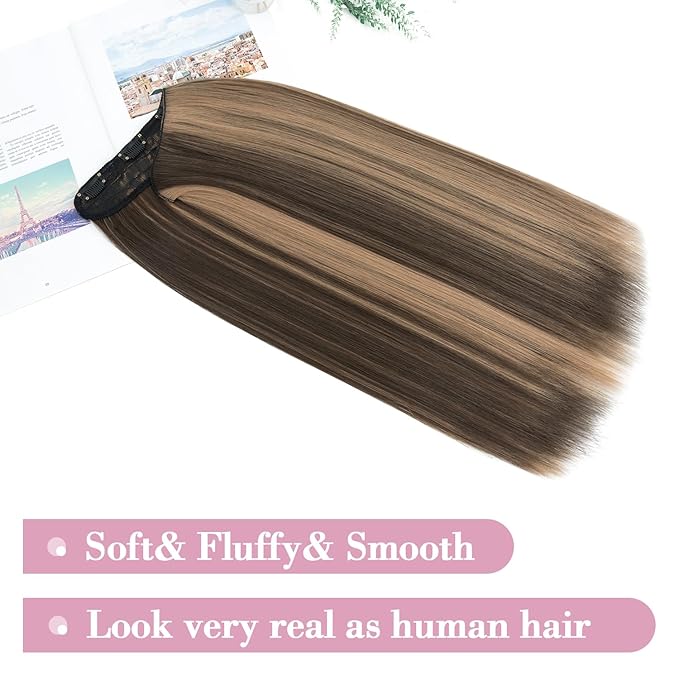 S-noilite One Piece Clip in Hair Extensions Balayage 18 Inch U-Shaped One Piece Weft Hair Extensions with 5 Clips Synthetic 3/4 Full Head Long Straight Clip in Hairpieces for Women,#8LP24L