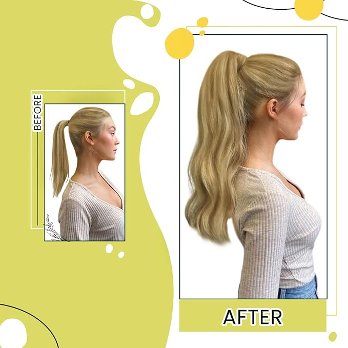 RUNATURE Human Hair Ponytail Straight, Ponytail Extension Human Hair, Real Hair Ponytail Extension Blonde, Remy Natural Hair Add Volume, 14 Inch 70g #16P24 Golden Blonde Highlights