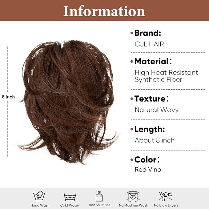 CJL HAIR Claw Clip Short Ponytail Hair Extensions DIY Bendable Metals Messy Bun Hair Piece for Wonen Straight Synthetic Fake Hairpieces Red Vino