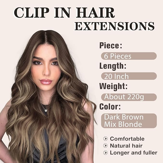 NAYOO Clip in Hair Extensions for Women 20 Inch Long Wavy Curly Dark Brown Mix Blonde Hairpieces Full Head Synthetic Hair Hairpieces(6PCS, Dark Brown Mix Blonde)