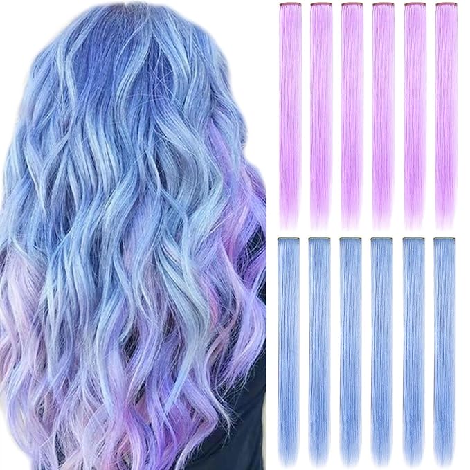 12PCS 20Inch Light Blue Light Purple Multicolored Hair Extension Clip in Party Highlights Straight Synthetic Hairpieces Halloween Cosplay Christmas Hair Accessories Gift for Teen Girls